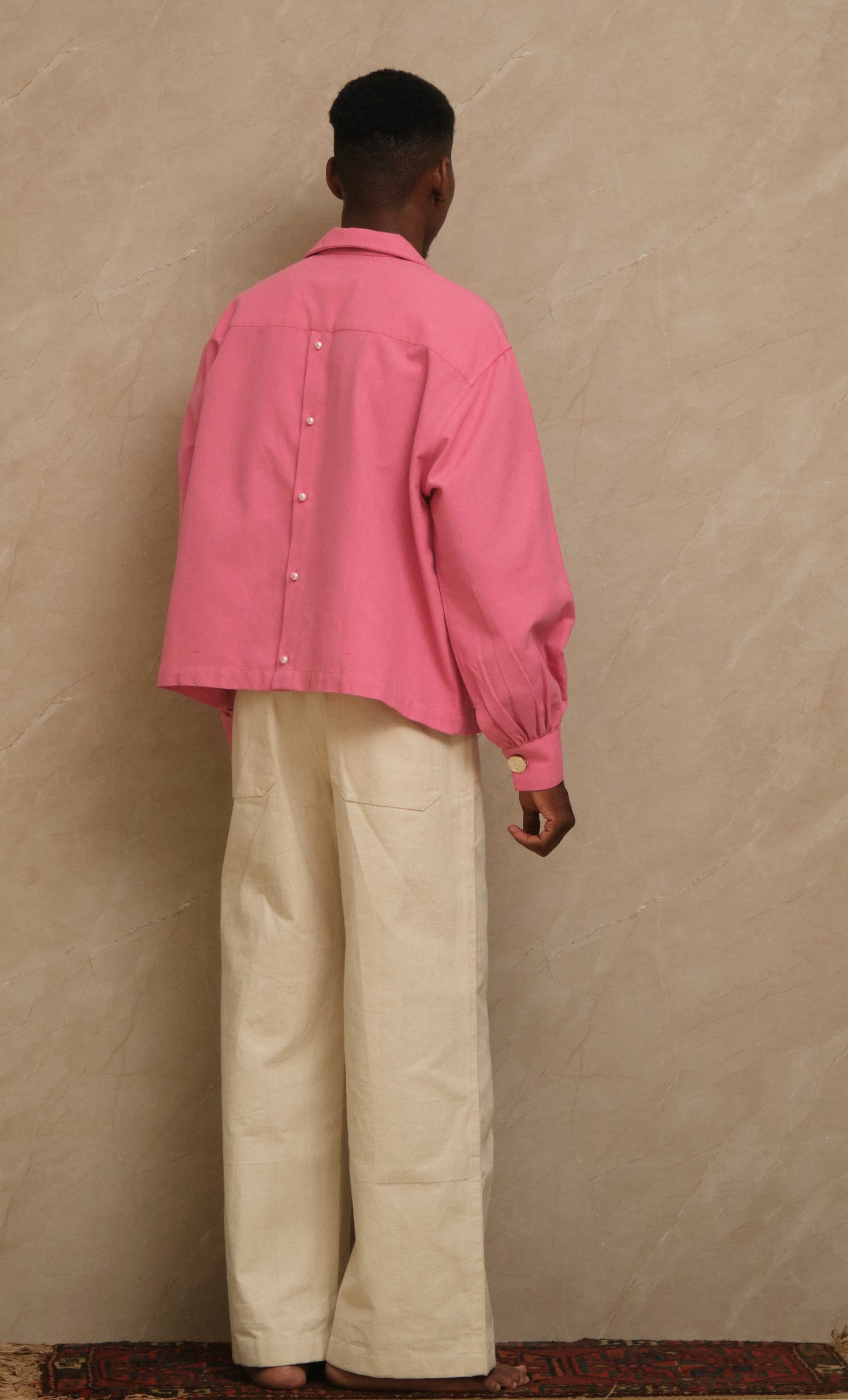 Pearlback cropped shirt with pearl button back closure, one-of-a-kind artwear