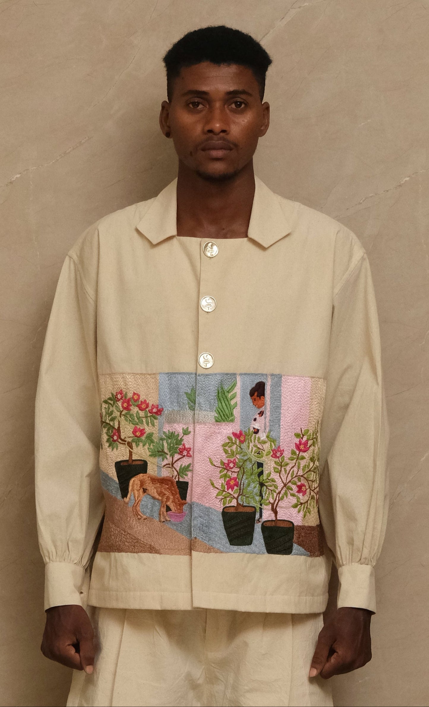 hand-embroidered shirt, wearable art in unbleached cotton. Documentary style hand embroidery.  Silver Buttons. Latin Quarters. Archival Clothing. Image to Textile. Mix Media.