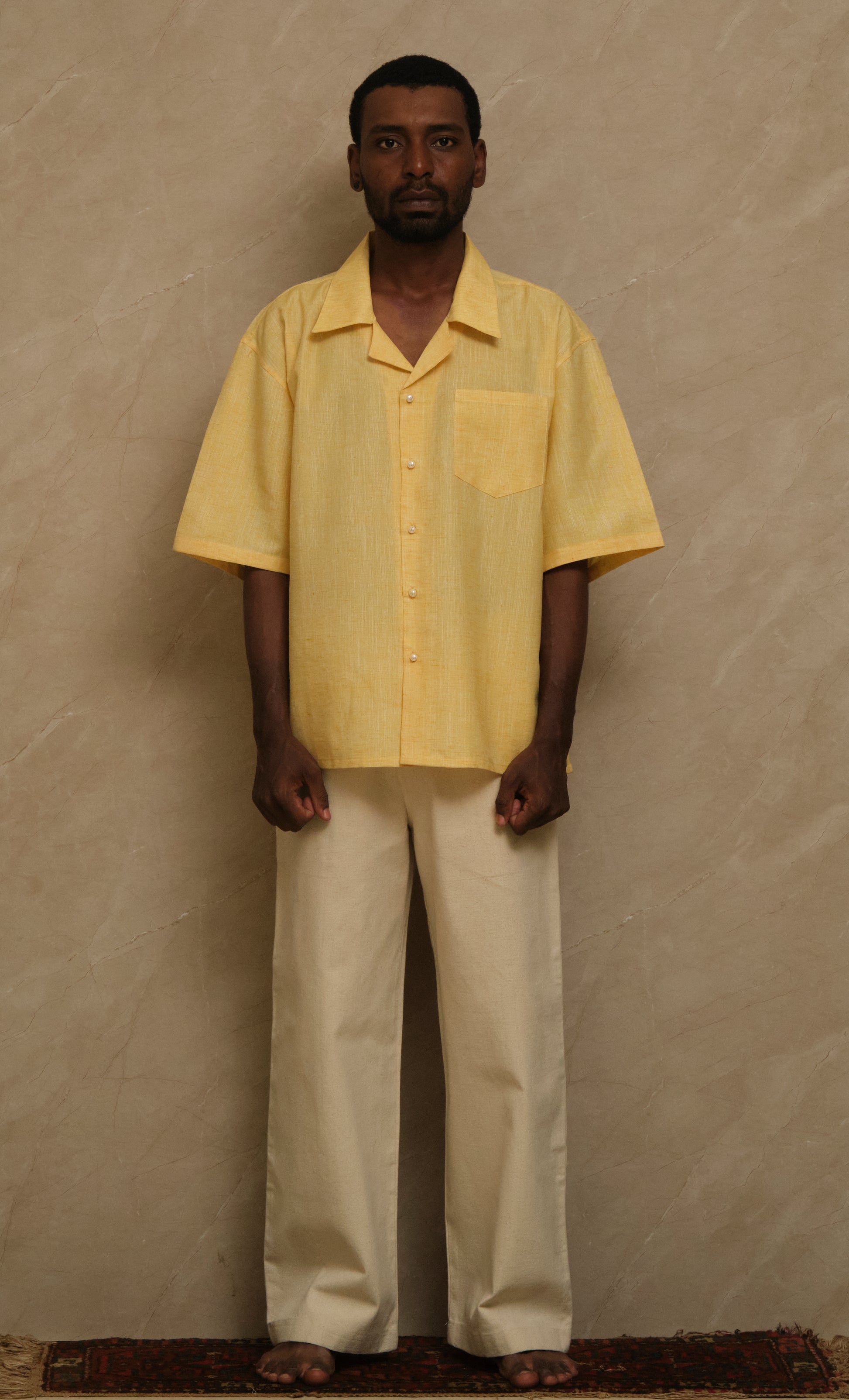 Mango linen shirt with natural pearl buttons, minimalist artwear by Garlic Moon