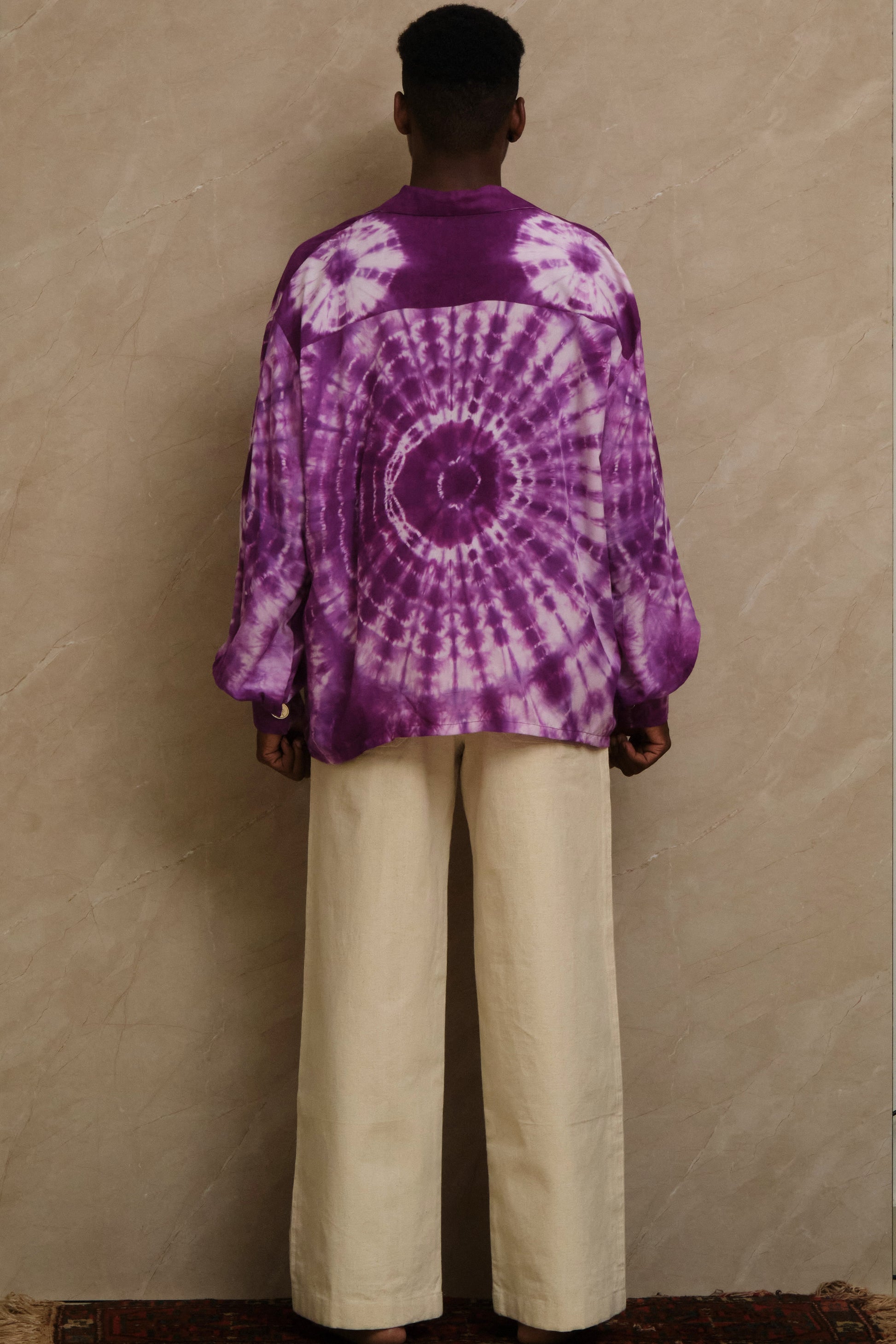 back view - hand dye shirt made in studio. pearl buttons. unique piece. one of one. archival clothing. great for musicians and Dj's
