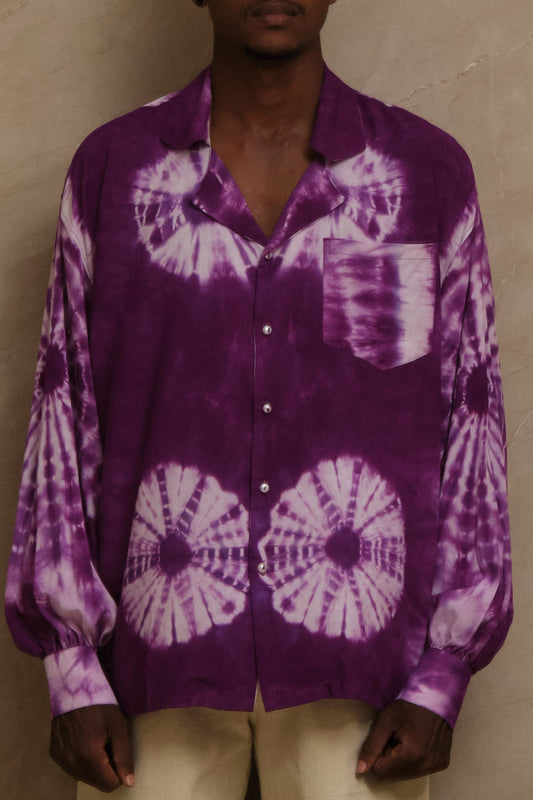 hand dye shirt made in studio. pearl buttons. unique piece. one of one. archival clothing. great for musicians and Dj's