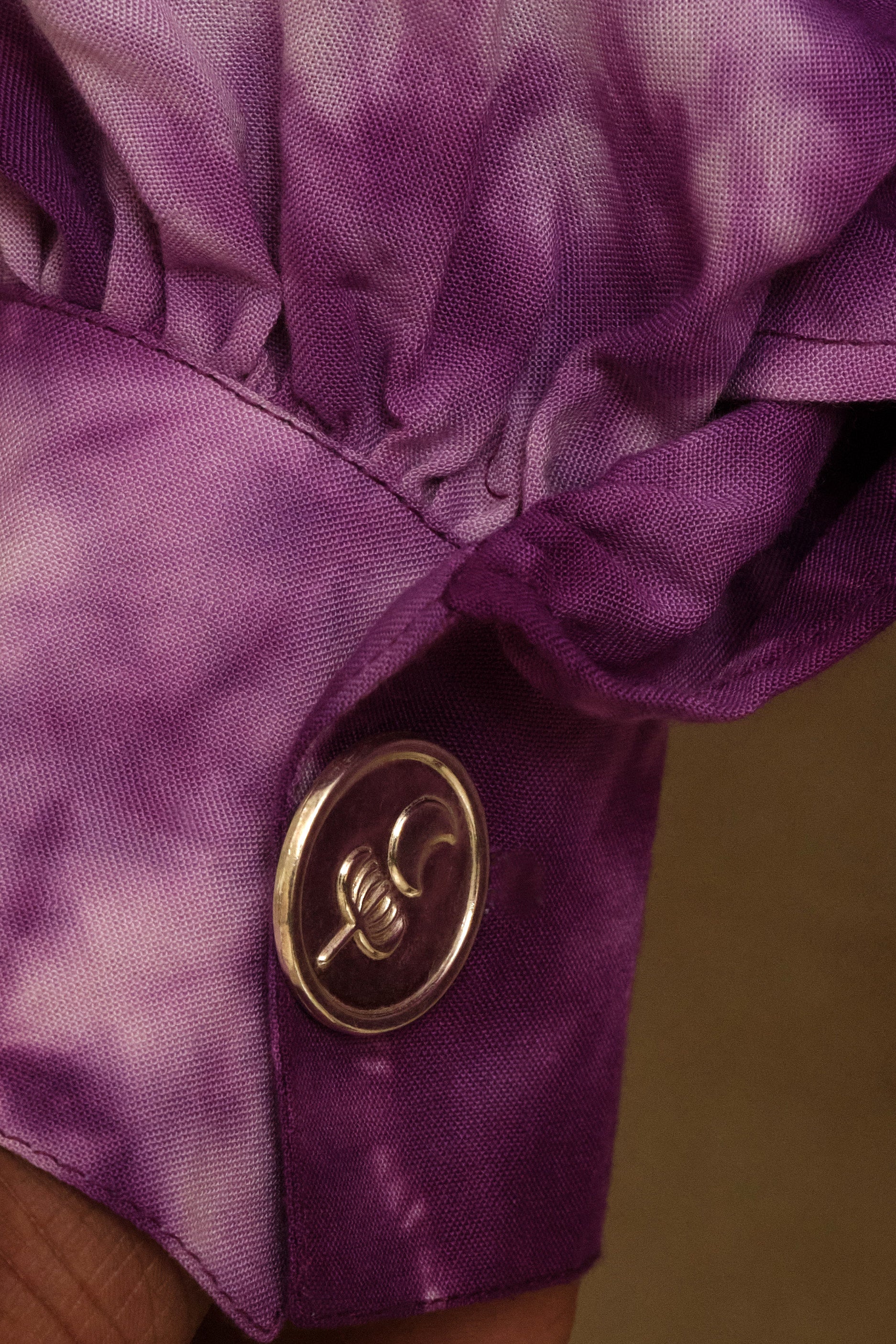 silver button garlic moon. hand dye shirt made in studio. pearl buttons. unique piece. one of one. archival clothing. great for musicians and Dj's