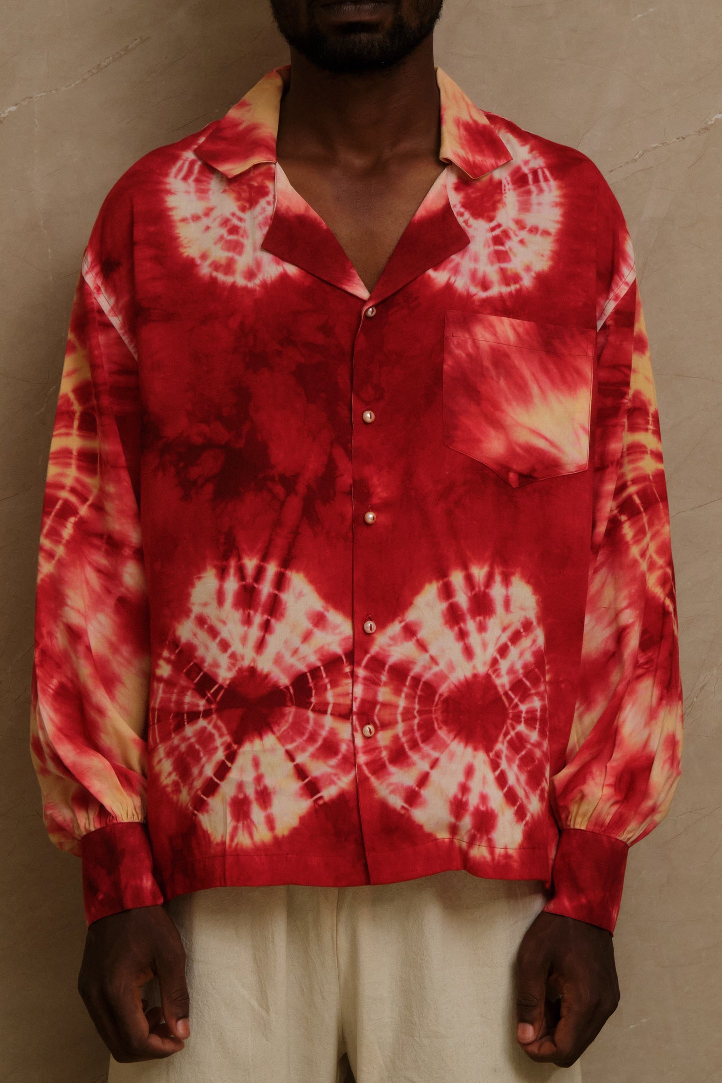 hand dye shirt made in studio. pearl buttons. unique piece. one of one. archival clothing. great for musicians and Dj's