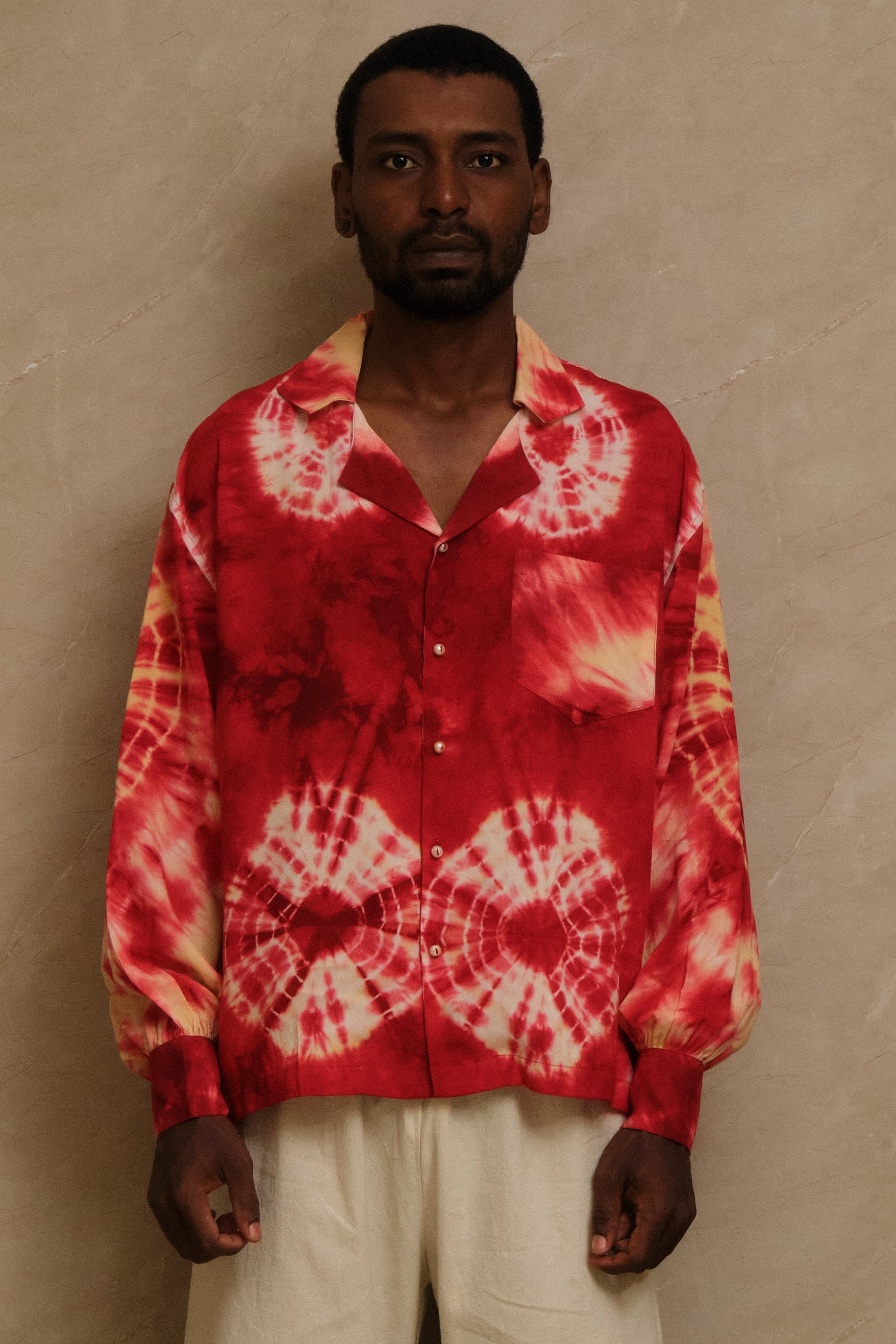 hand dye shirt made in studio. pearl buttons. unique piece. one of one. archival clothing. great for musicians and Dj's