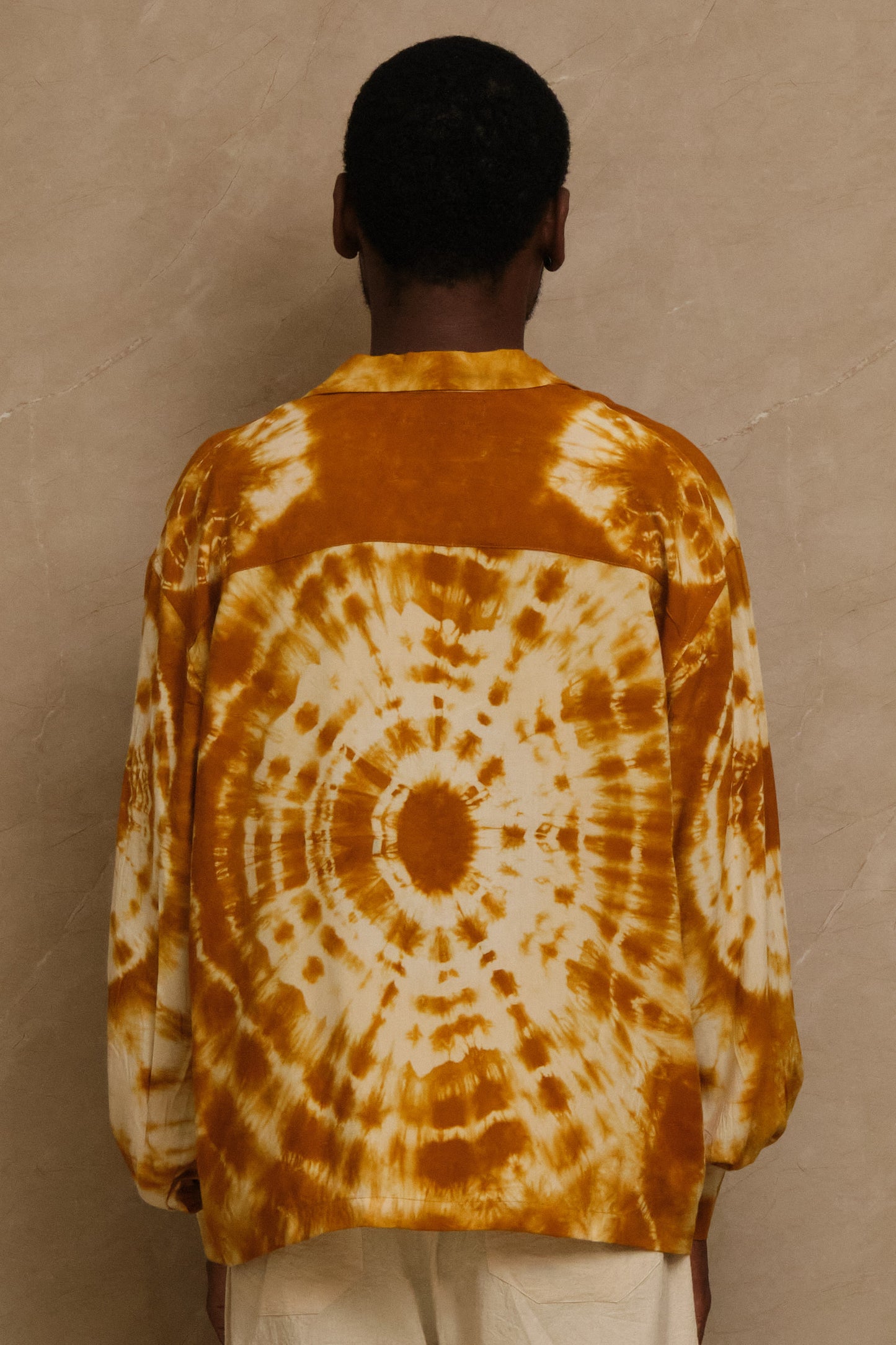 hand dye shirt dunewind back view, made in studio. pearl buttons. unique piece. one of one. archival clothing. great for musicians and Dj's