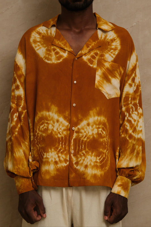 hand dye shirt dunewind, made in studio. pearl buttons. unique piece. one of one. archival clothing. great for musicians and Dj's
