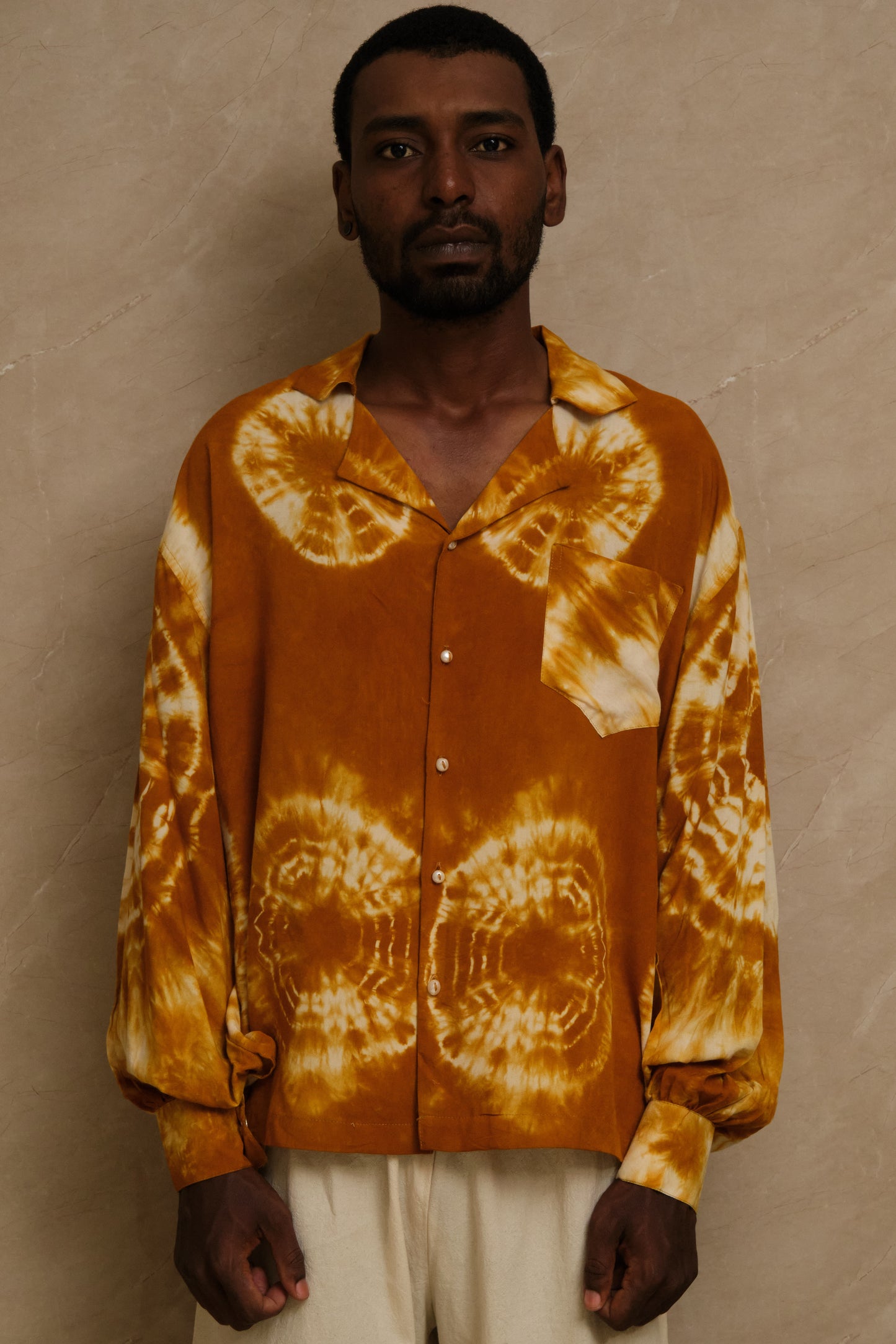 hand dye shirt dunewind, made in studio. pearl buttons. unique piece. one of one. archival clothing. great for musicians and Dj's