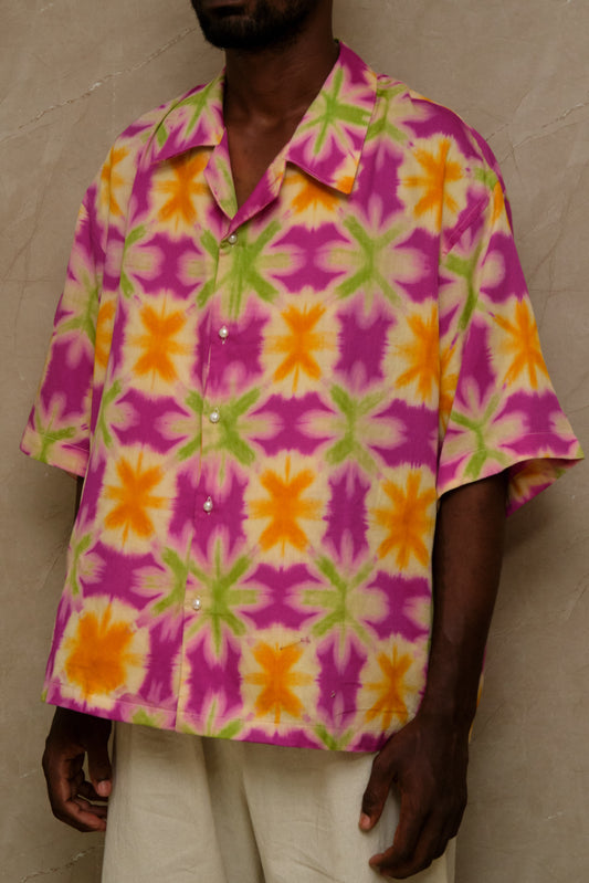 hand dye shirt made in studio. pearl buttons. pink green orange color unique piece. one of one. archival clothing. great for musicians and Dj's