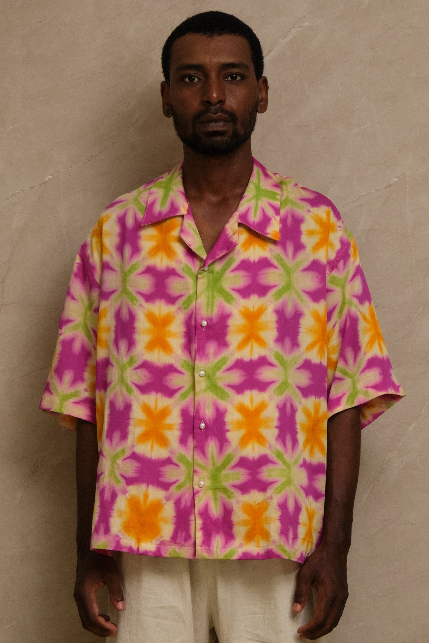 hand dye shirt made in studio. pearl buttons. pink green orange color unique piece. one of one. archival clothing. great for musicians and Dj's