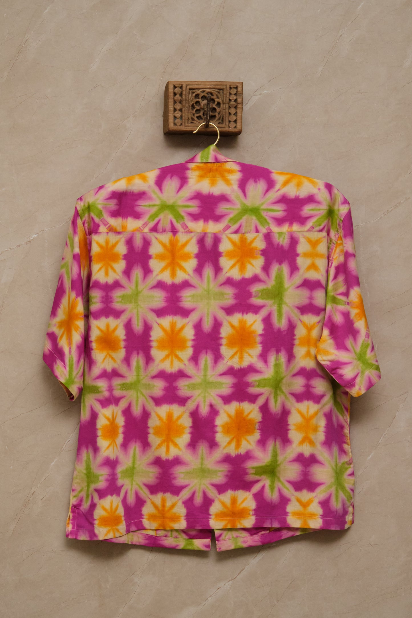hand dye shirt made in studio. pearl buttons. pink green orange color unique piece. one of one. archival clothing. great for musicians and Dj's