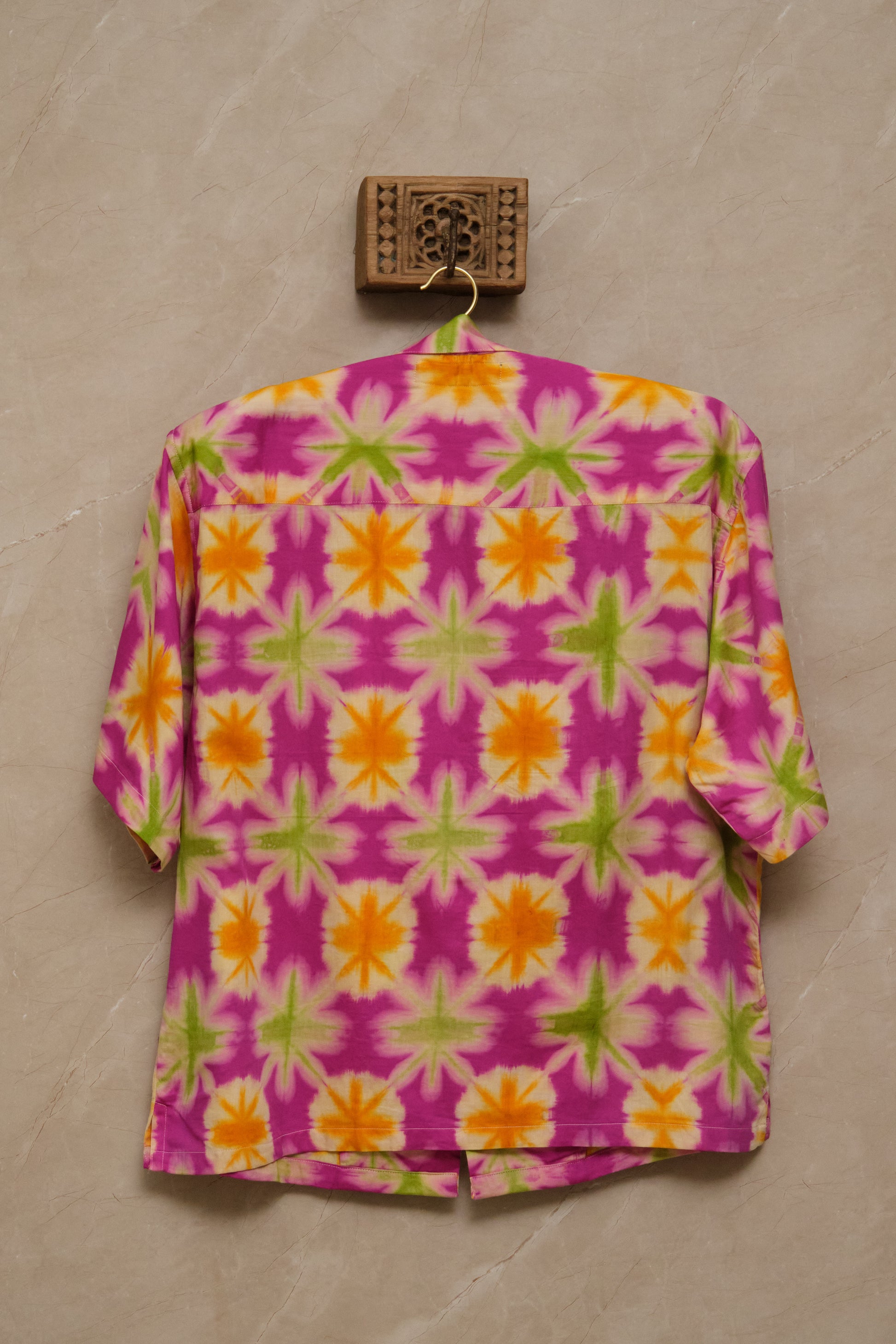 hand dye shirt made in studio. pearl buttons. pink green orange color unique piece. one of one. archival clothing. great for musicians and Dj's