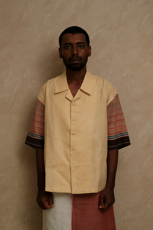 Handcrafted Rock 1.0 collector shirt showcasing textured cotton linen fabric, vintage inspired textile composition, and carefully constructed wearable artwork aesthetics