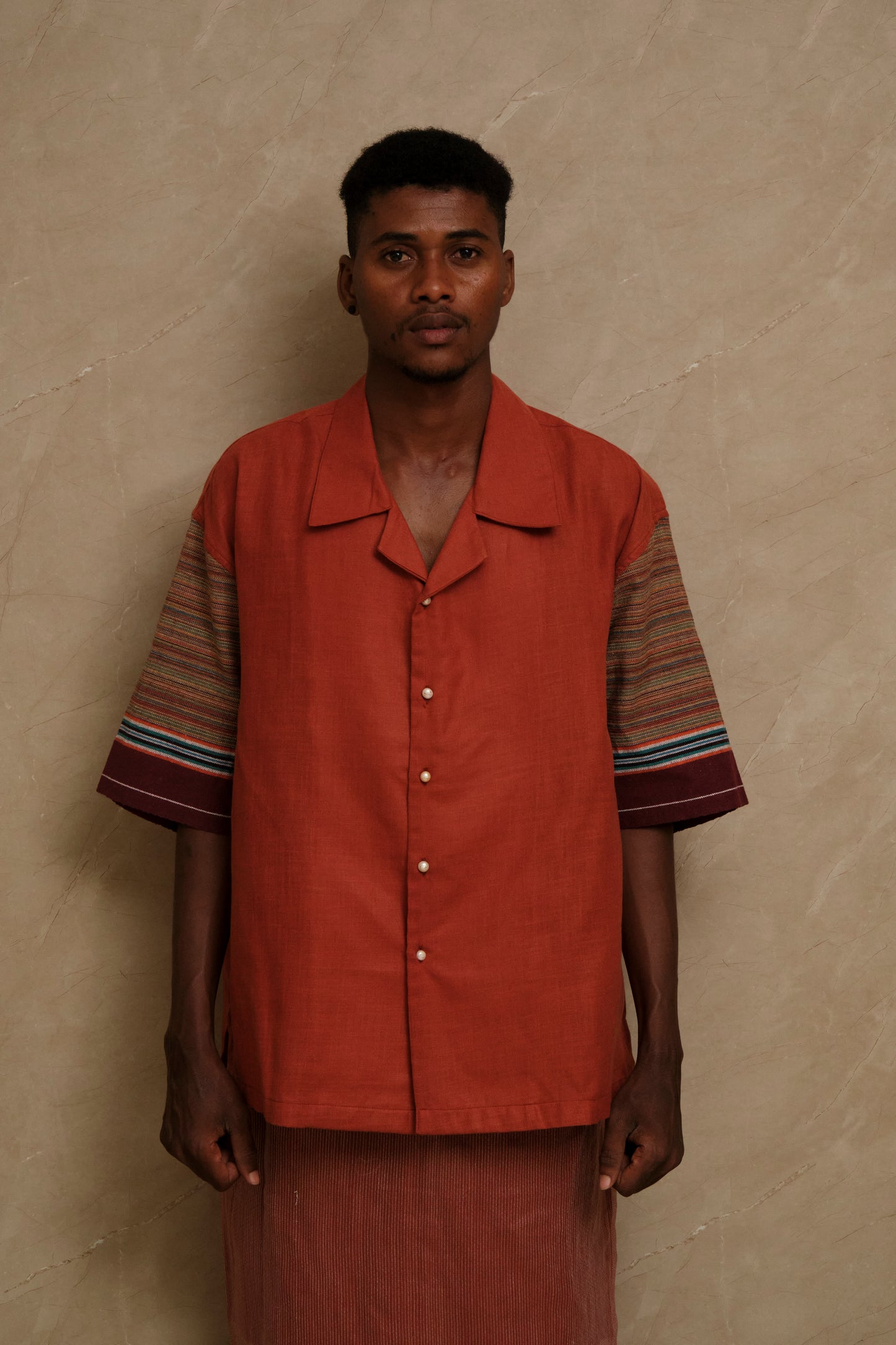 Handcrafted Rock 2.0 collector shirt showcasing textured cotton linen fabric, heritage textile composition, and carefully constructed wearable artwork aesthetics
