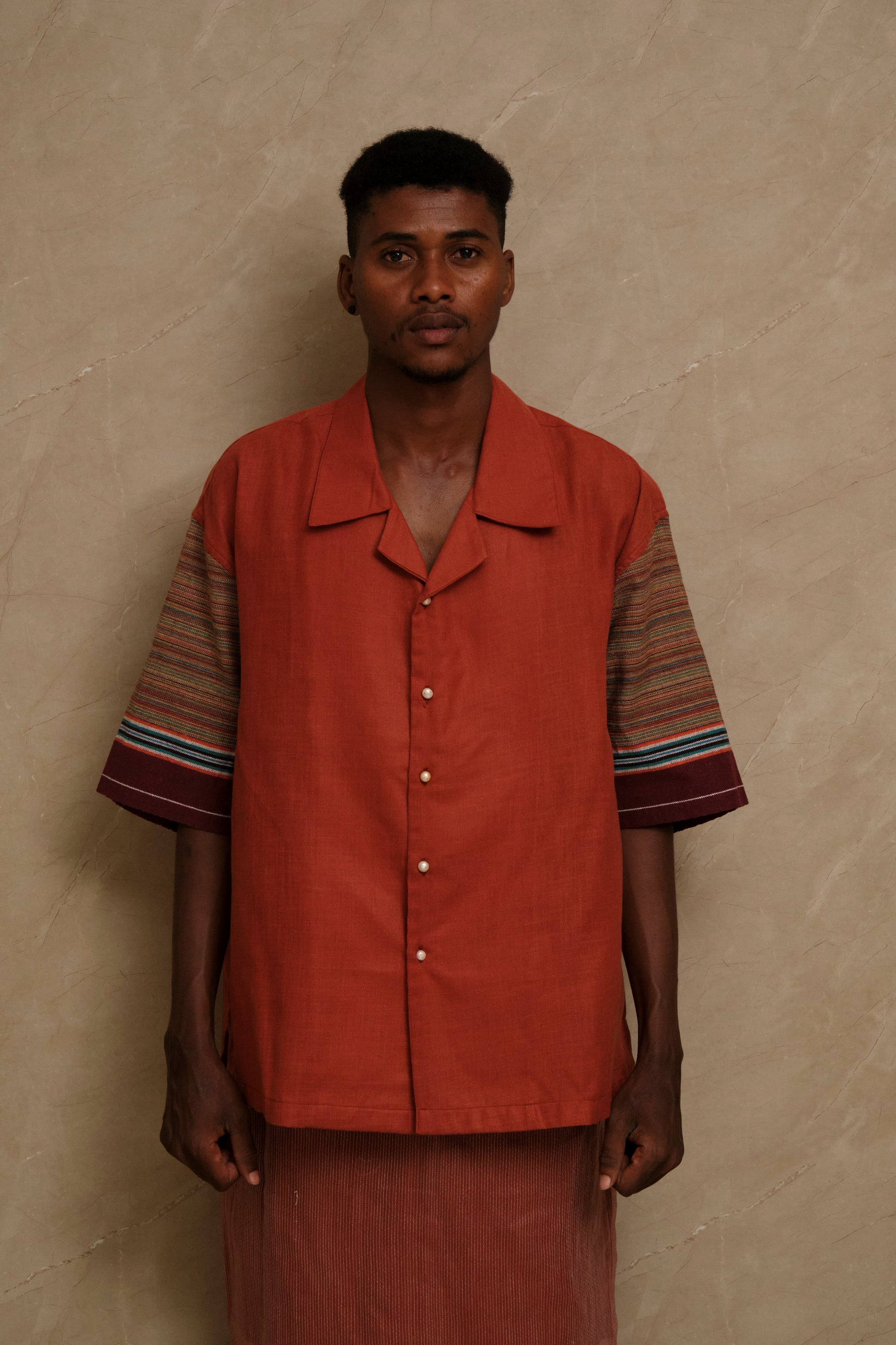 Handcrafted Rock 2.0 collector shirt showcasing textured cotton linen fabric, heritage textile composition, and carefully constructed wearable artwork aesthetics
