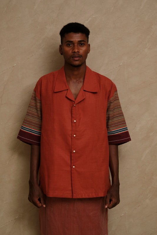 Handcrafted Rock 2.0 collector shirt showcasing textured cotton linen fabric, heritage textile composition, and carefully constructed wearable artwork aesthetics
