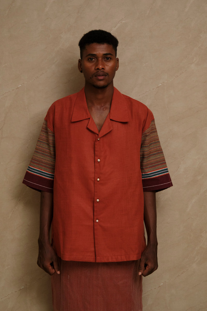 Handcrafted Rock 2.0 collector shirt showcasing textured cotton linen fabric, heritage textile composition, and carefully constructed wearable artwork aesthetics
